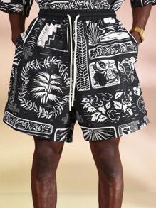 SUMWON Tropisches Resort Palmen Muster Zusammenpassende Set bestehend aus Hemd und Shorts, Strandurlaub Party Sommer Wochenendausflug Lässig Lässig Allover-Muster