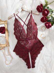 Seduluxe 1pc Bow Decor Lace Wireless Crotchless Sexy Bodysuits