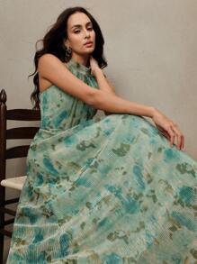 Anewsta 女士优雅印花A字连衣裙，收腰设计，挂脖领，适合春夏穿着，可用于婚礼、派对、节日、毕业典礼等场合。 - 綠色 - 查看 4