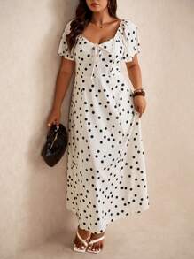 Elaquor 女式加大码波尔卡圆点印花翻领设计休闲日常连衣裙，时尚宽松加大码背景褶皱设计 - 米色 - 查看 6