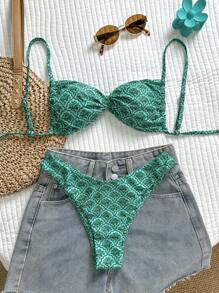 Elavelle Springbreak Random Print Cutout Twist Strap Sexy Bikini Swimsuit Set For Women Summer