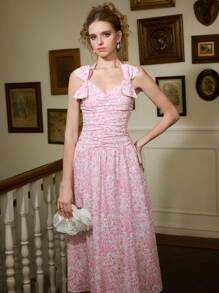 SHEIN MOD Vestido largo con cuello en V con lazo y estampado floral rosa para mujer - Rosa - Ver 4