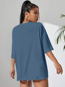 Sundraya Crew Neck Drop Shoulder T-Shirt - Blue - View 2