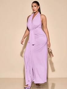 SHEIN BAE 大码女式优雅长款 V 领露背连衣裙，适合日常穿着、郊游、约会、下午茶、度假、春夏季 - 淡紫色 - 查看 7