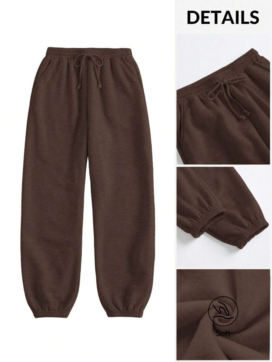 SHEIN BASICS Women's Loose Fit Solid Color Knitted Casual Jogger Pants With Pockets - Brown - View 1