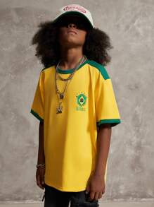 SHEIN Leap Crew Tween Boys Spring/Summer Streetwear Round Neck Short Sleeve 'Brasil 7' Numeric & Letter Print Casual Loose Fit T-Shirt,Parent-Child Clothing - Yellow - View 3