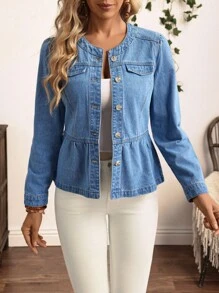 EMERY ROSE Women's Casual Everyday Washed Button-Front Ruffle Hem Denim Jacket - Blue - View 4