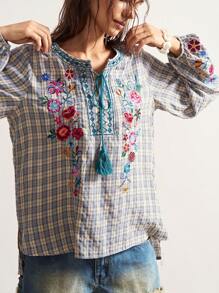 Bohemela 女士格子花卉刺绣长袖上衣 - 彩色 - 查看 3