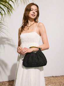 SHECARRY 女士纯色编织手提包，简约时尚休闲日常手提包 - 黑色 - 查看 6