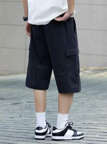 Manfinity Hypemode Men's Solid Color Pocket Summer Drawstring Waist Cargo Shorts - Navy Blue - View 2