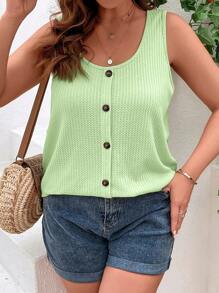 SHEIN VCAY Plus Size Women Casual Loose Button Design Tank Top - Green - View 3
