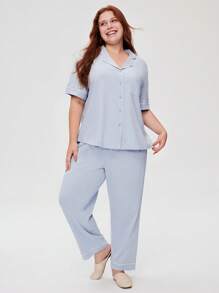 LUVLETTE Women's Plus-Size Soft 100% Pure Cotton Basic Button-Up Top & Pants Loungewear Pajama Set Pants With Pockets,Spring And Summer Cotton Pajamas - Blue - View 6