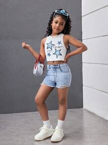 千禧少女春夏休闲浅色水洗高腰破洞毛边牛仔短裤，适合夏季海滩波西米亚风度假、夏季音乐会、音乐节、锐舞派对、夏季早午餐、教堂毕业典礼等场合，街头风，返校季必备 - 淺色水洗藍 - 查看 6