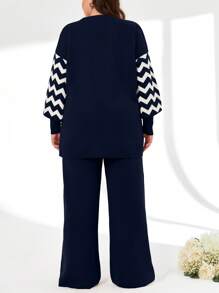 SHEIN Cottnline Striped Color Block Sweater And Pants Two Pieces Set - Navy Blue - View 2