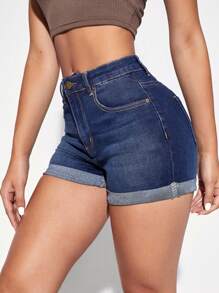 SHEIN Essnce Shorts en mezclilla con cremallera bajo doblado
