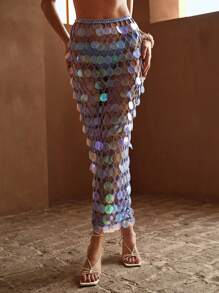 MOTF PREMIUM SHEER CONTRAST SEQUIN COVER UP SKIRT FOR SUMMER BEACH VACATION - Blue - View 2