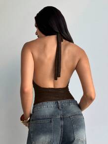 Aloruh 女士纯色蕾丝拼接露背性感吊带背心 - 棕色 - 查看 3