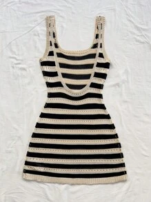 Soleia 春夏休闲杏色和黑色拼色条纹镂空露肩针织连衣裙，适合派对、约会、海滩、游轮、度假、音乐节、波西米亚风假期、下午茶