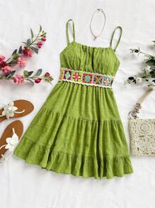 Soleia 夏季度假女士纯色休闲杏色70年代服装复古夏季钩针拼布褶皱荷叶边收腰A字连衣裙 - 青檸色 - 查看 4