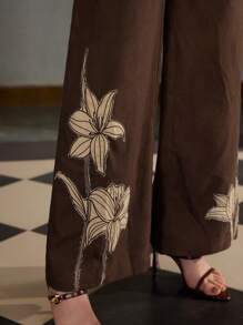 ZEYLAH Women's Floral Patched Embroidery Linen Wide Leg Pants
