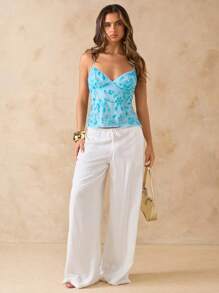 SHEIN BAE Blue Floral,Summer,Elegant,Vacation,Holiday Solid Spaghetti Strap Beaded Backless Tie Strap Top,Sequin Sequins Camisole Suitable For Beach - Blue - View 4