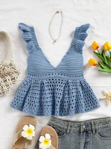 Soleia Women Solid Color Hollow Out Knitwear With Back Tie