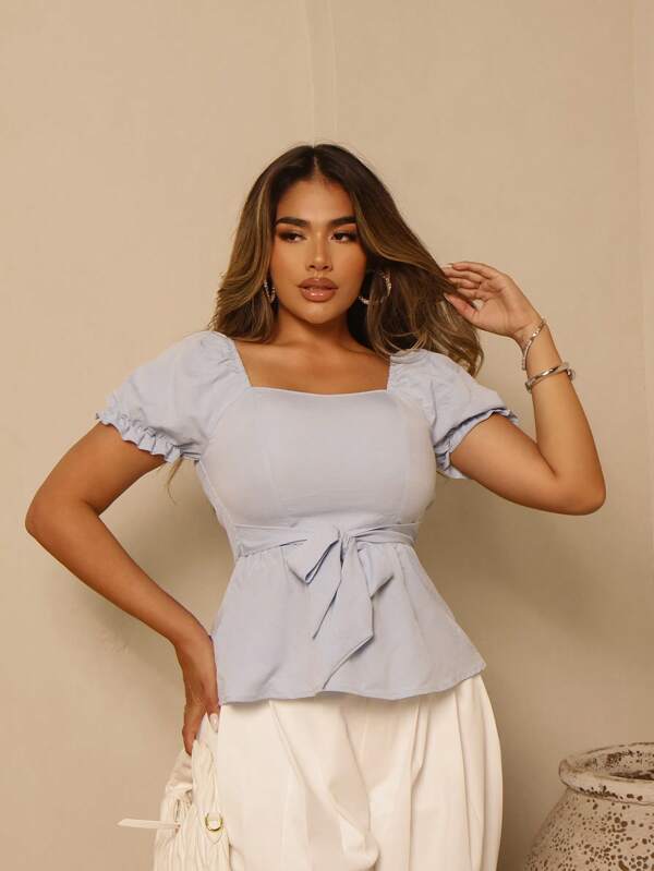 Xyvia Women Solid Color Minimalist Tie-Up Deep V-Neck Elegant Shirt