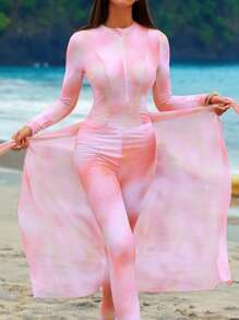 Swim Shayni Women's 3pcs Set Bathing Suit With Tie-Dye Printed Long Sleeve Zipper Rash Guard, Triangle Top And Skirt Tankini Swimsuit, Beach Outfit For Summer - Coral Orange - View 4