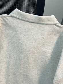 SHEIN 半拉链夏季休闲丝网印花男式 Polo 衫 - 灰色 - 查看 4