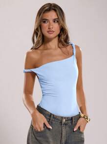 SHEIN BAE Women's Summer Plain Black Asymmetrical Neck Twist Front Bodysuit / Fashionable Casual Slim Fit Sleeveless Bodysuit - Baby Blue - View 7
