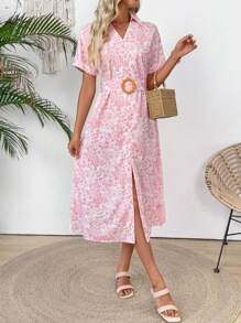 SHEIN LUNE Women's Casual Floral All-Over Print Mid-Length Dress,White And Pink Summer Boho Vacation Holiday Wedding Guest Graduation Dress Concert Outfits - Pink - View 4