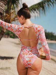 Swim SPRTY 1pc Women Random Ditsy Floral Round Neck Long Sleeve Backless Dopamine Graphic Beach/Surf Jumpsuit For Summer Beach Vacation