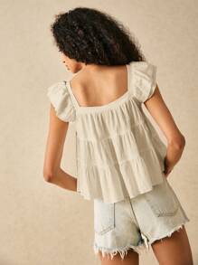 SHEIN Frenchy Women Square Neck Flounce Hem Short Cap Sleeve Blouse White Babydoll Top Square Neck Top Ruffled Top Summer - Beige - View 2