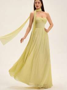 GENKIRA Twist Decor 抹胸长款雪纺荷叶边连衣裙 - 黃色 - 查看 6