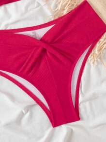 Swim DD+ DD+ Series Women Summer Textured Solid Color Backless Bikini Set 2 Pieces - Hot Pink - View 3