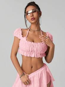 SHEIN ICON 女式夏季褶皱方领短袖短款上衣，白色 - 粉色 - 查看 3