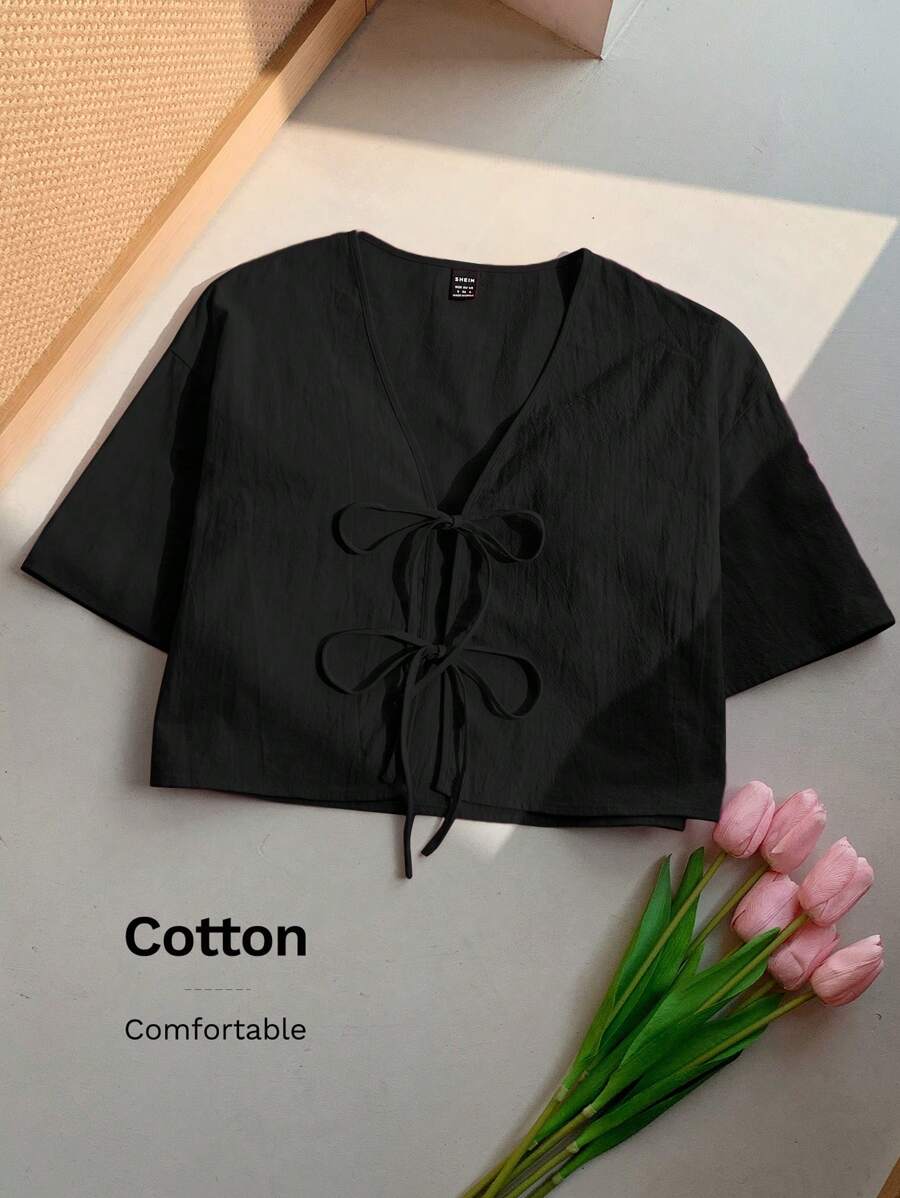 Comfortcana 夏季女式纯色前系带短袖针织开衫