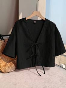 Comfortcana 夏季女式纯色前系带短袖针织开衫