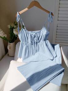 Comfortcana Set de 2 piezas de chaleco y pantalones de lino, conjunto de moda de verano - Azul - Ver 4