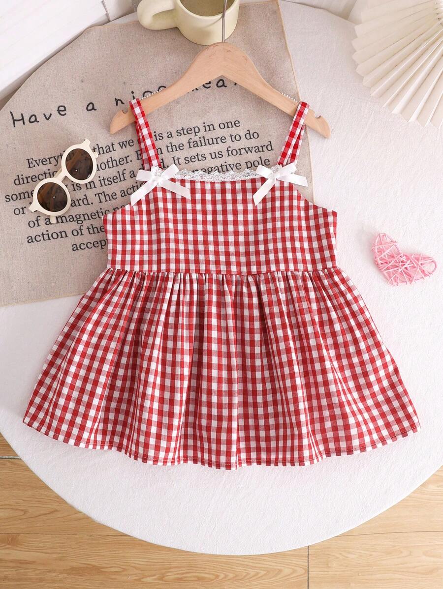 SHEIN LMoss Kids 青少年女孩休闲复古学院风通勤野餐格纹红白格子蕾丝边细肩带蝴蝶结装饰褶饰A字形梭织衬衫上衣 - 紅色 - 查看 1
