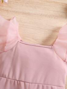 SHEIN Cute Baby Girl Summer Pink Patchwork Organza Ruffle Jumpsuit - Pink - View 3