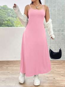 Flirla Plus Size Women's Versatile Basic Dress Maxi Women Outfit - Pink - View 3