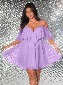 Viva Relle Plus Size Women's Solid Color Off-Shoulder Elegant Ruffled Hem Dress - Mauve Purple - View 1