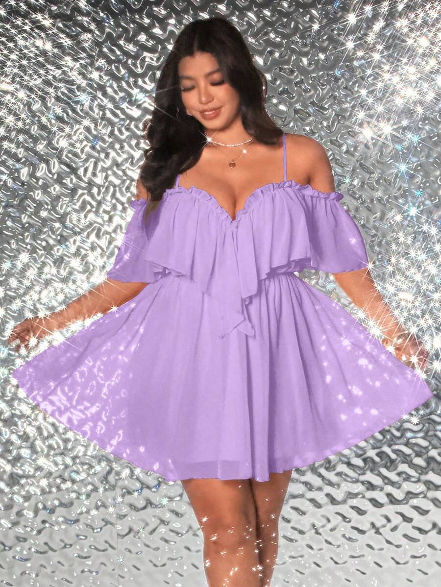 Viva Relle Plus Size Women's Solid Color Off-Shoulder Elegant Ruffled Hem Dress - Mauve Purple - View 1