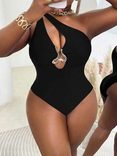 Slaydiva Plus Size Women Blue Hollow-Out Gold Accent Fitted One-Piece Swimsuit, Stylish Casual For Beach Vacation, Summer