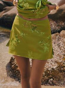 Poéselle Women's Vacation Bohemian Sequin Embroidered Zipper Back Shorts,Island Vacation Outfits,Vacation ,Beach Vacation Outfits Sage Green Dress - Green - View 1