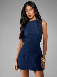 MISSGUIDED Sleeveless Denim Mini Dress Back Tie Waist Detail Statement Fashion Fitted Shift Style Chic Modern Spring Casual Day Wear