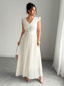 SHEIN Unity Plus Size Elegant Vacation Solid Color Ruched Button Cap Sleeve Spring/Summer Dress - Apricot - View 6