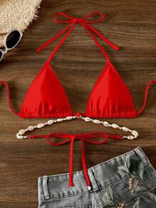 Swim Basics Women's Solid Color Chain Decor Halter Bikini Top - Red - View 2