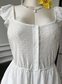 SHEIN EZwear Große Größen Weiß Hohlmuster Jacquard Puffkragen Rüschensaum Lässig Jumpsuit, Frühlings- & Sommer-Urlaubsstil - Weiss - Übersicht 5